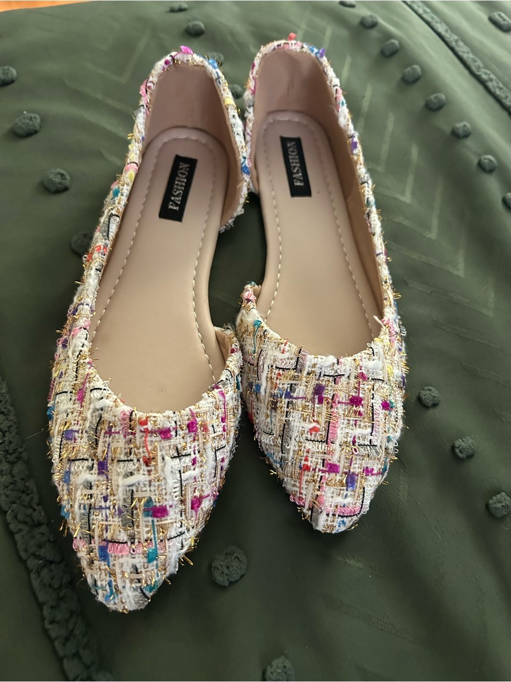 Multicolor Tweed Pointed-Toe Flats in Cream and Pink Accents